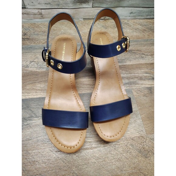 Tommy Hilfiger Navy Blue Wedge Platform Sandals Womens 9.5 Gold Logo Boho - Picture 3 of 10